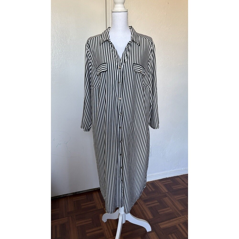 Mlle Gabrielle Women's Black & White Striped 3/4 Sleeve Shirt Dress Size 3X